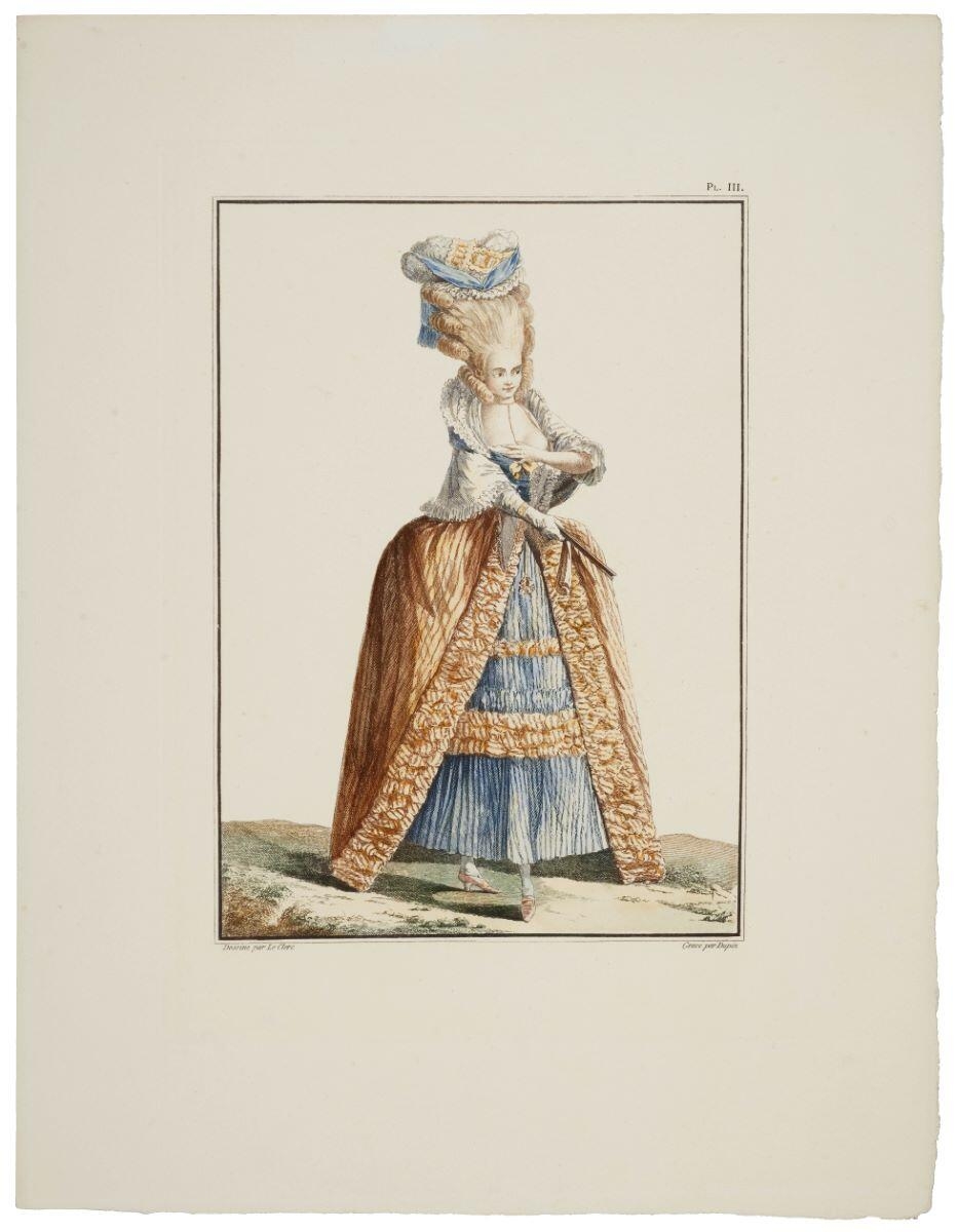 PL. III (titre inscrit) ; Elégante en petit robe de Taffertas des Indes rayé (titre factice), Pierre Thomas Le Clerc