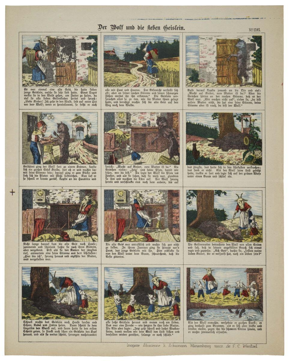 Der Wolf und die steben Geissein. N°= 1595. (titre inscrit all.) ; le loup, la chèvre et ses biquets (titre factice), René Ackermann, 1906-1955