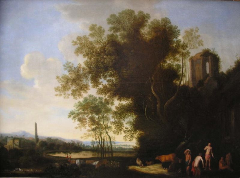 Paysage avec ruines, baigneurs et bétail, Dirck Dalens, 1655 vers