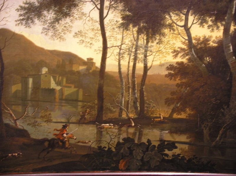 Paysage boisé avec scène de chasse, Jan Wyck, 17e siècle