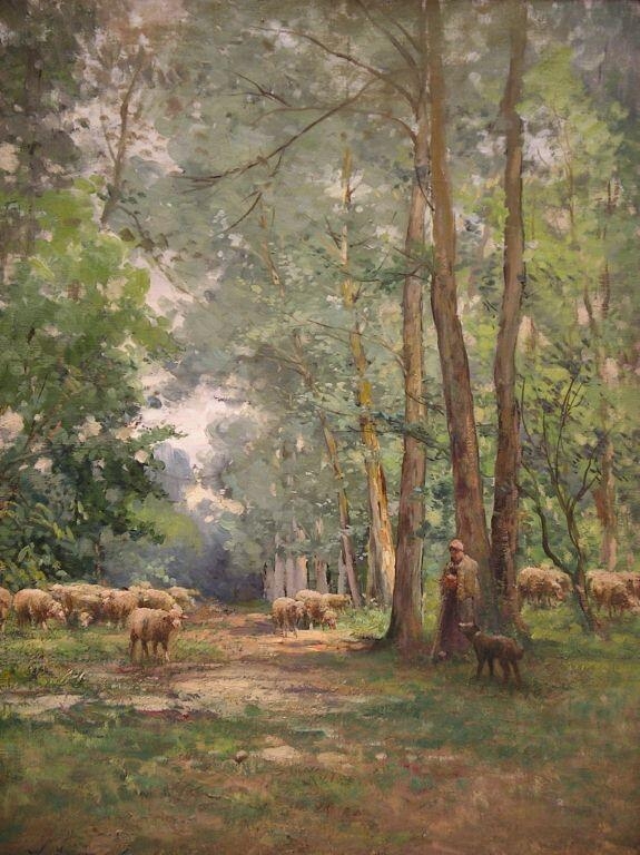 Bergère et ses moutons dans un paysage boisé_1
