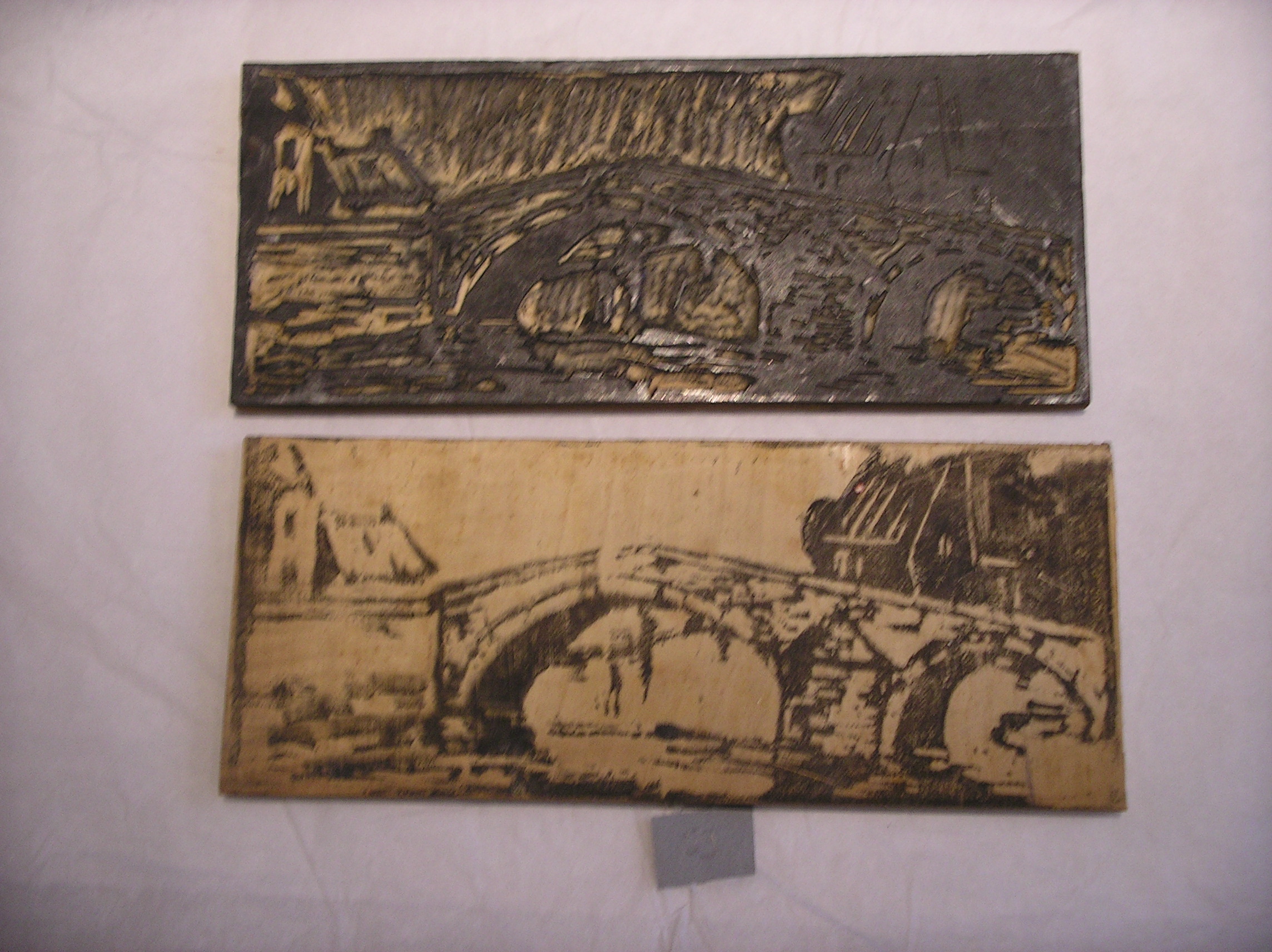 Lot de 2 plaques représentant une vue d'un pont, Pierre Waidmann, années 1930?