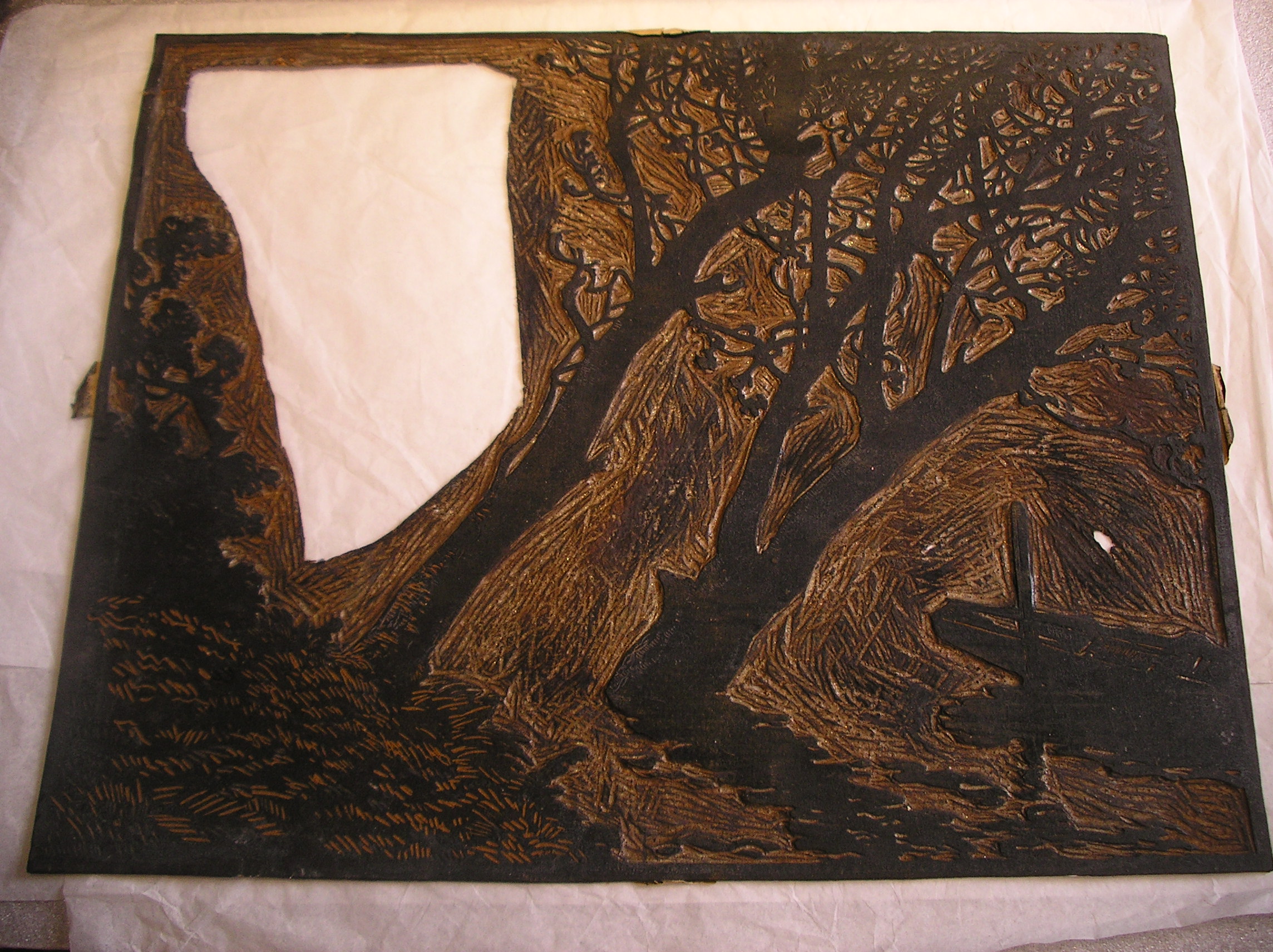 Lot de 4 plaques représentant une vue d'un bord de l'eau avec barques et arbres, Pierre Waidmann, années 1930?