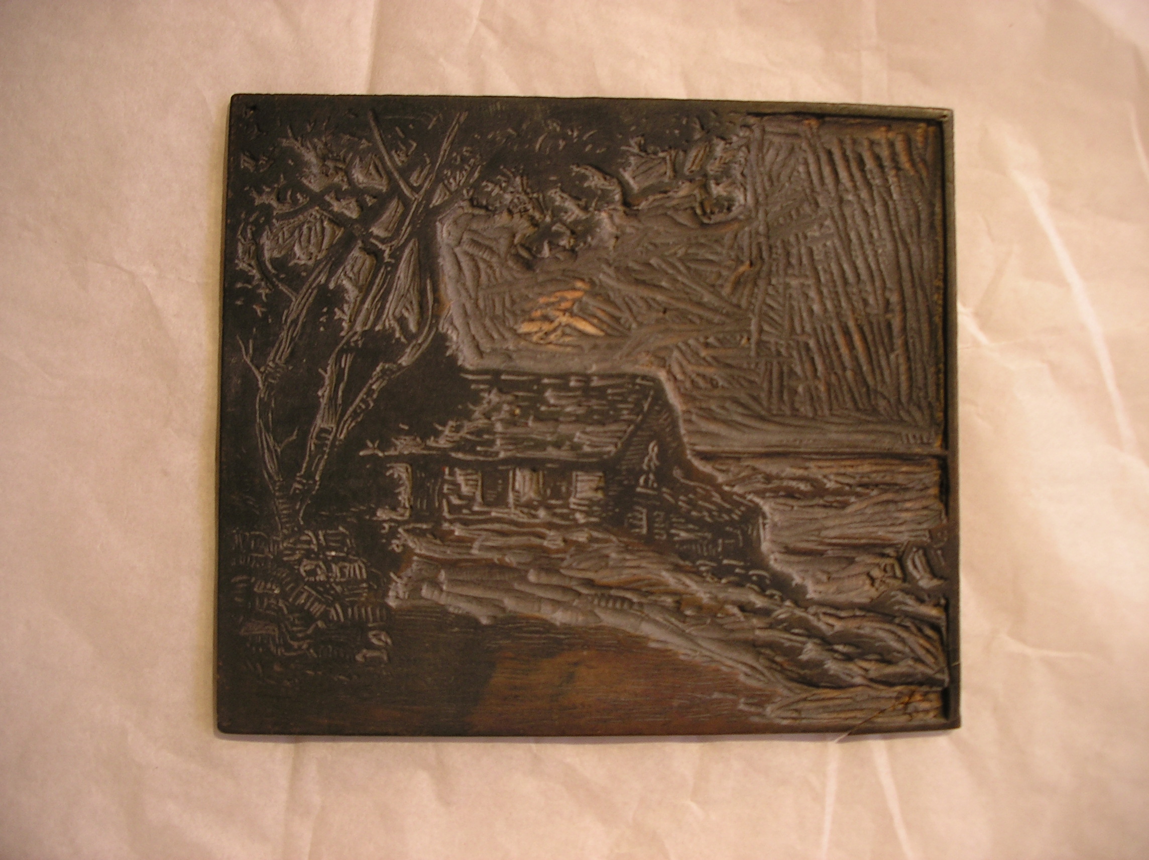 Plaque représentant une maison au bord de l'eau, Pierre Waidmann, années 1930?