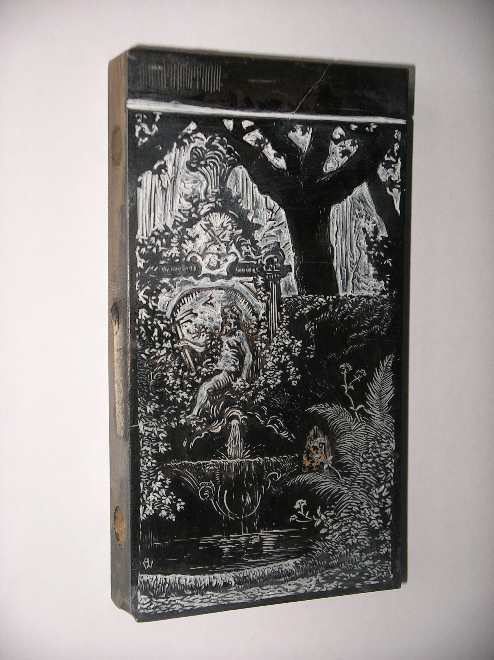 Fontaine Neptune de la propriété Waidmann ; matrice xylographie, Pierre Waidmann, 1922 avant