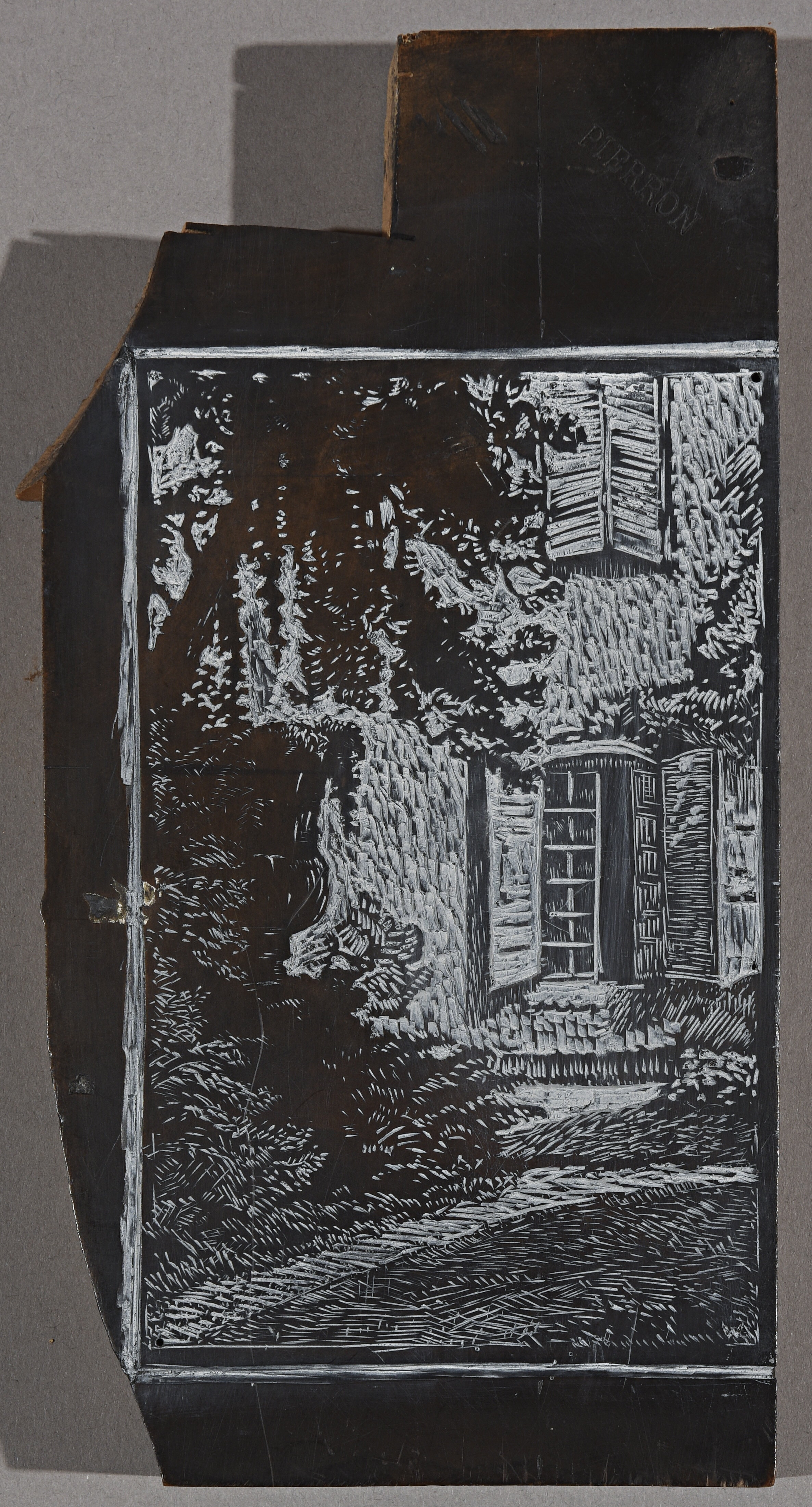 Façade de la maison Waidmann sur parc avec vase Médicis ; matrice xylographie, Pierre Waidmann, 1920 vers,1937