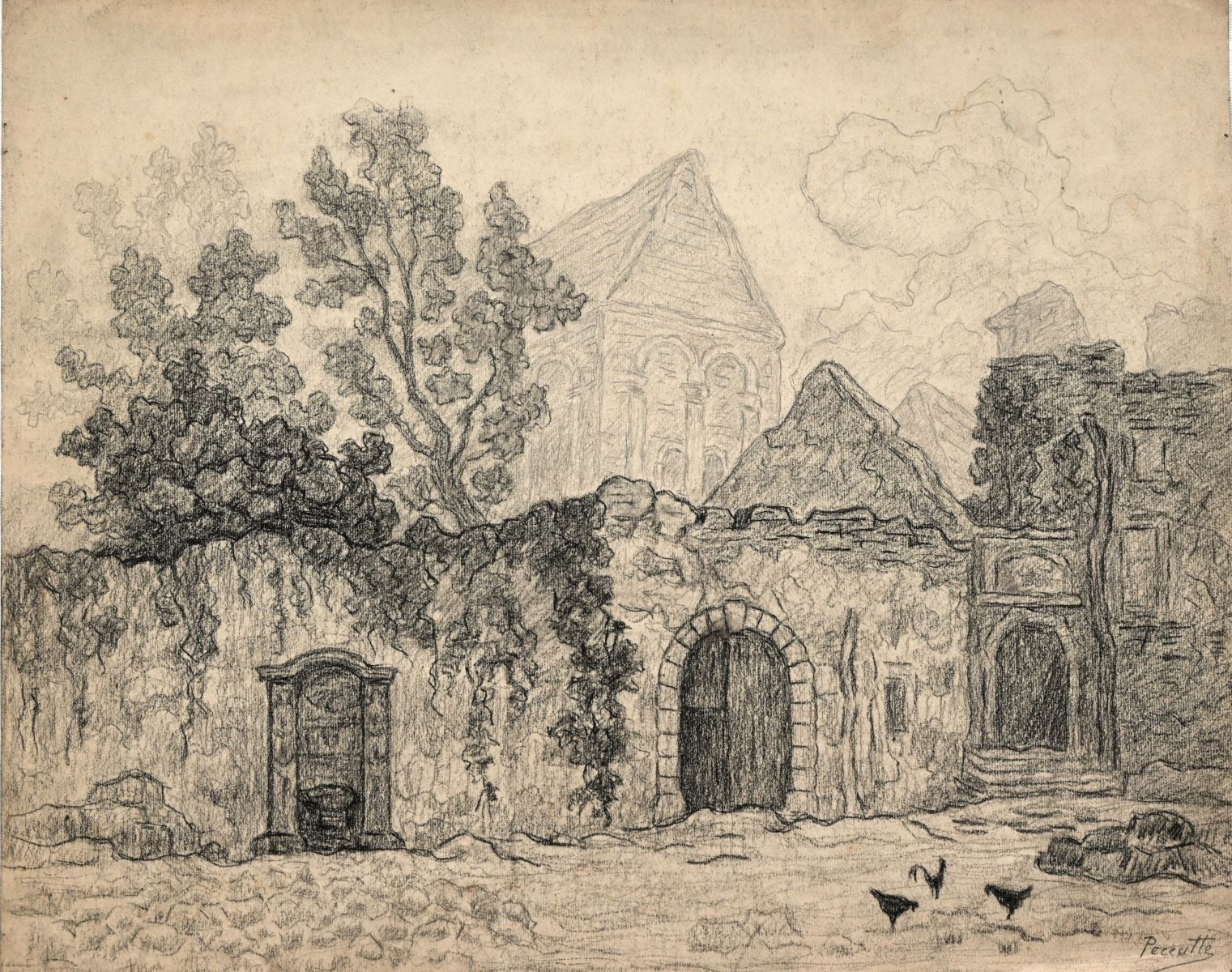 Saint-Dié, Fontaine et église (titre factice), Charles Peccatte, 1945