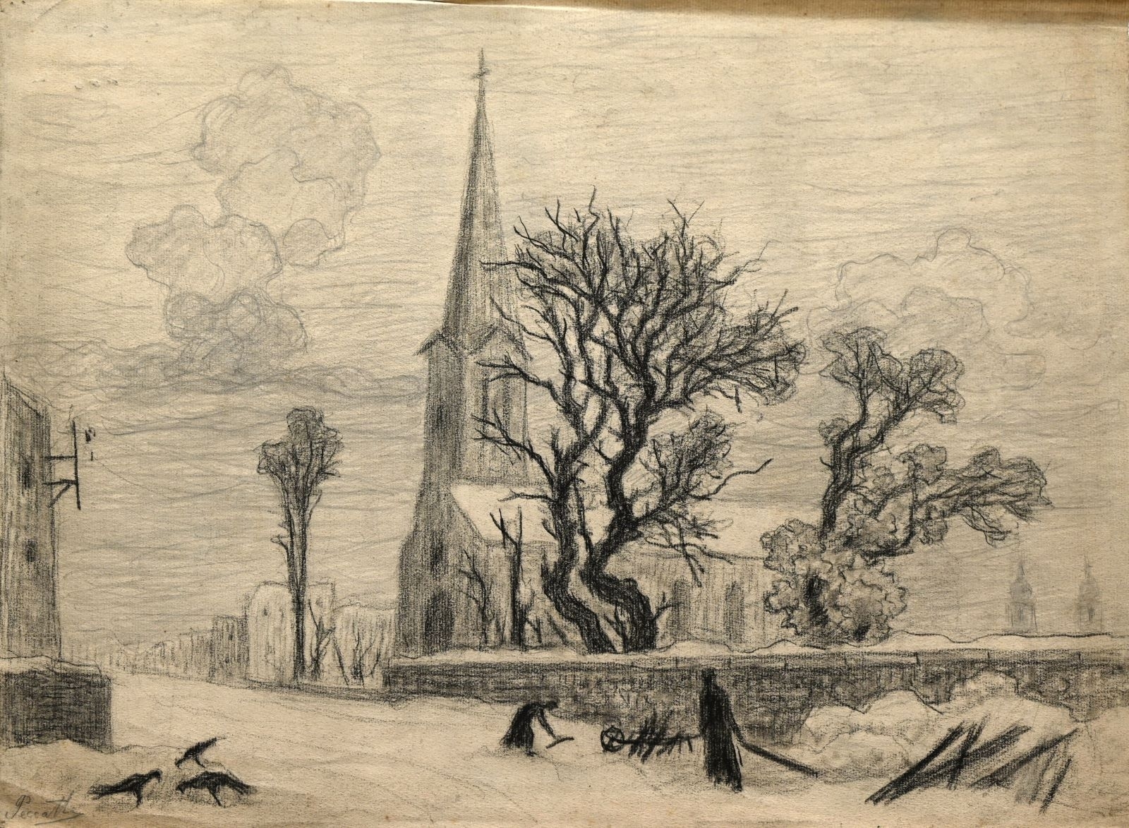 Saint-Dié, Temple protestant dans la neige et ruines (titre factice), Charles Peccatte, 1945