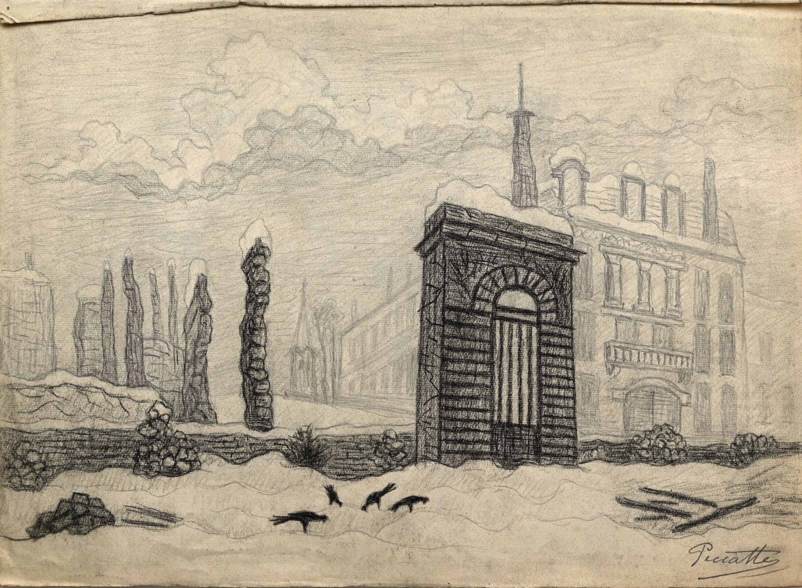 Saint-Dié, Porte du Collège et Banque Fuzelier en Hiver 1945 (titre factice), Charles Peccatte, 1945