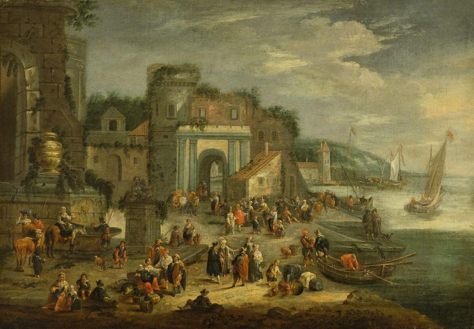 Marché au bord d'une rivière, Mathys Schoevaerdts, 1600 de,1699 à