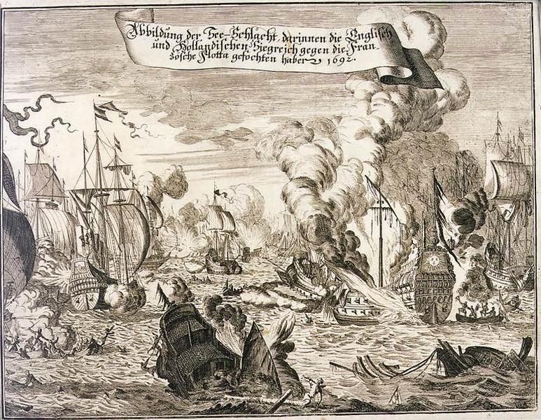 Abbildung der Zee-Schlacht darinnen die Englisch und Hollandischen Ziegreich gegen die Franzosche Flotta gefochten haber 1692 (titre inscrit) [Reproduction de la bataille navale où les Anglais et les Hollandais victorieux se sont battus contre les Français en 1692]_0