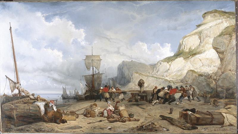 Pêcheur hâlant un bateau à terre, vue prise à Port-en-Bessin (titre de salon) ; La grève de Port-en-Bessin (titre ancien)_0