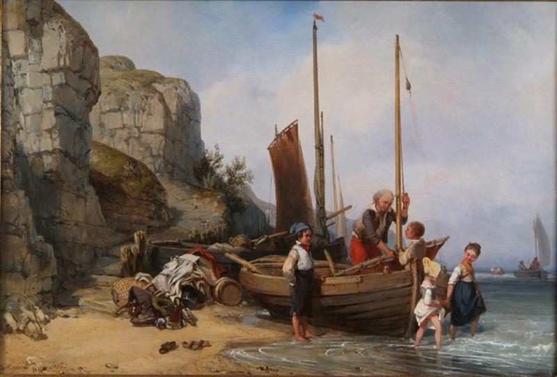 Pêcheur et ses enfants sur la plage près de Villerville, Charles Louis Mozin, 1836