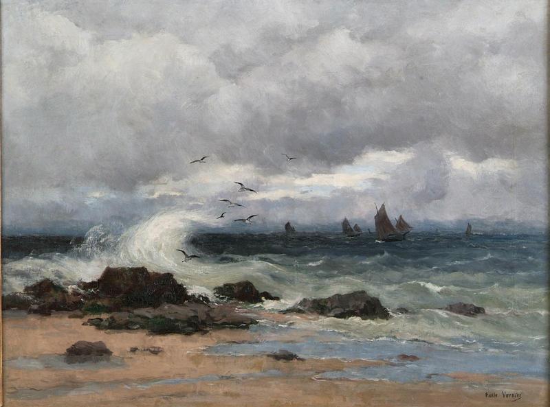 Coup de vent sur la flottille de pêche en Manche, Emile Louis Vernier, 2e quart 19e siècle, 2e moitié 19e siècle