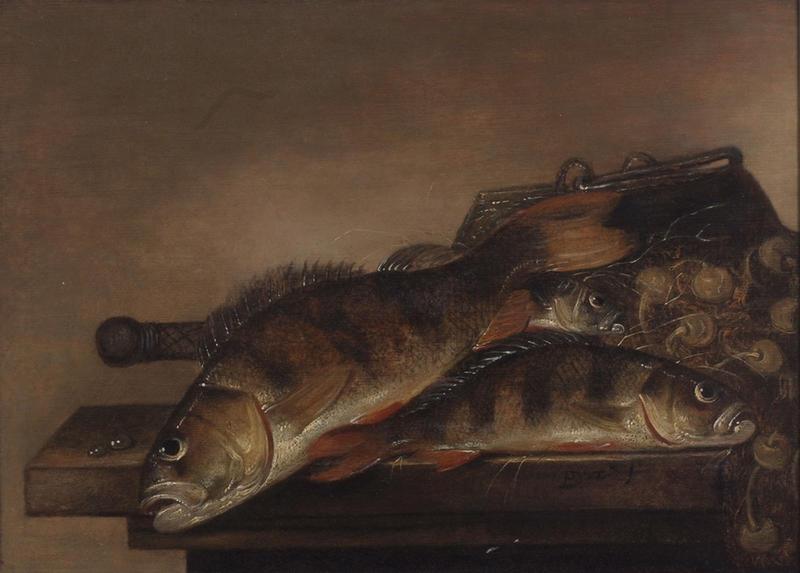 Perches, bassine et filet de pêche sur un entablement_0