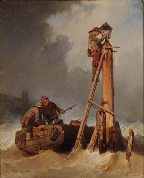 Marins allumant les feux à l'entrée d'un port, Eugène Lepoittevin, 1862