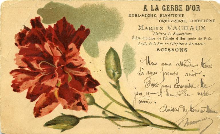 A la gerbe d'or, horlogerie, bijouterie, orfèvrerie, lunetterie - Marius Vachaux Ateliers de réparations Elève diplômé de l'Ecole d'Horlogerie de Paris, Angle de la Rue de l'Hopital & St-Martin, Soissons_0