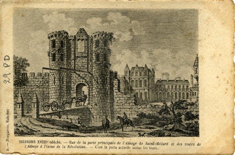 Soissons XVIIIème - Vue de la porte principale de l'Abbaye de Saint-Médard et des restes de l'Abbaye à l'issu de la Révolution. - C'est la porte actuelle moins les tours_0