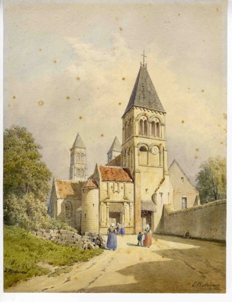 Vue de l’église de Morienval, dans l’Oise, Léopold Baraquin, 19e siècle