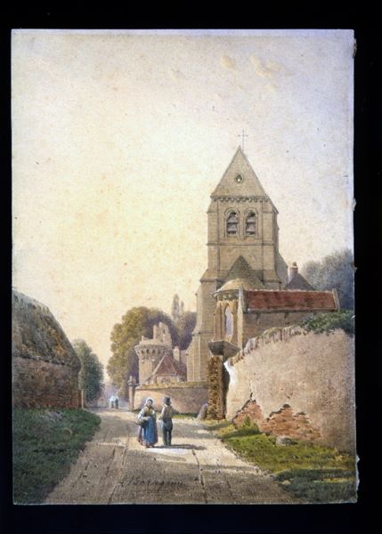 Vue du village de Berzy-le-Sec avec son église, Léopold Baraquin, 19e siècle