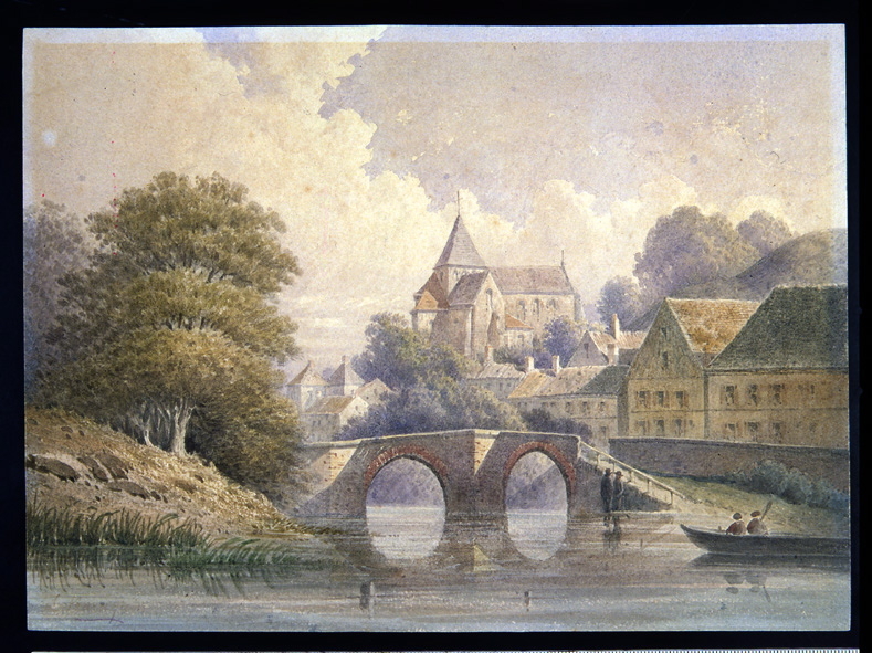 Vue de Condé-Sur-Aisne avec l’église et un pont, Léopold Baraquin, 1850