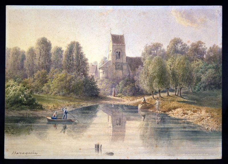 Paysage avec l’église de Breny près d’Oulchy-le-Château dans l’Aisne, Léopold Baraquin, 19e siècle