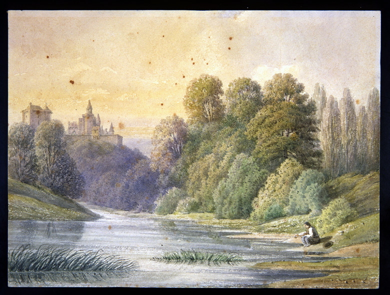 Paysage avec une vue du château de Vez, Léopold Baraquin, 19e siècle