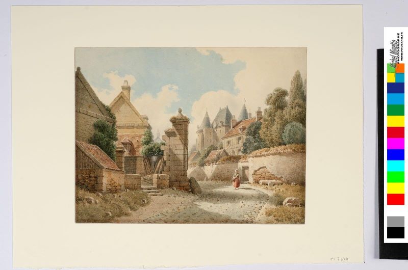 Vue du village de Vic-sur-Aisne avec son château, Léopold Baraquin, 1860
