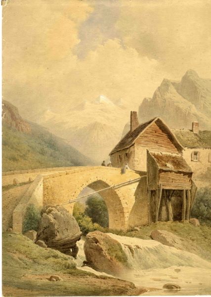 Paysage de montagne avec un moulin, un pont et des rochers, Léopold Baraquin, 19e siècle