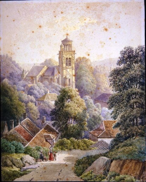 Vue de l’église de Pierrefonds avec des maisons, Léopold Baraquin, 19e siècle