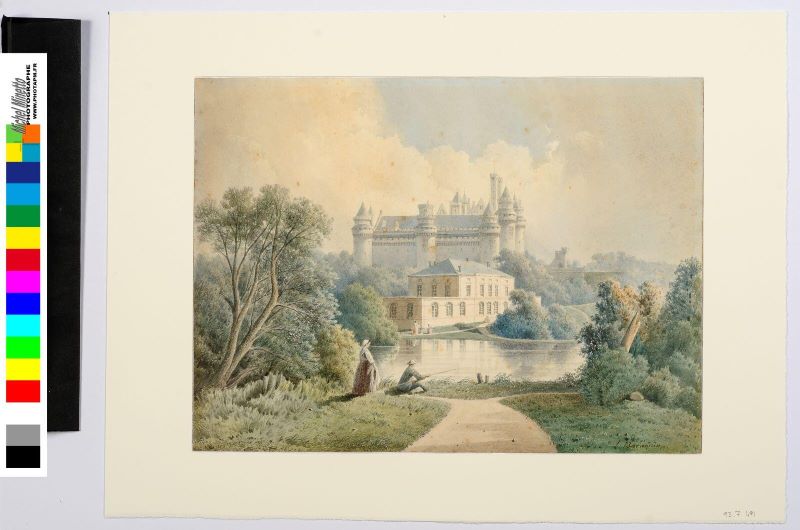 Vue du château de Pierrefonds restauré avec le lac, Léopold Baraquin, 4e quart 19e siècle