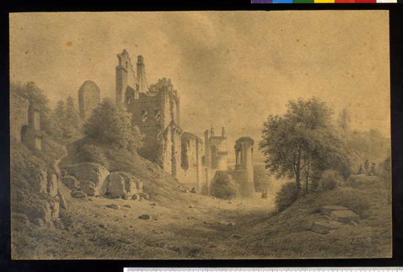 Vue du château de Pierrefonds en ruines en 1860, Léopold Baraquin, 1860