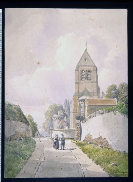 Vue de l’église et du château de Berzy-le-Sec, Léopold Baraquin, 19e siècle