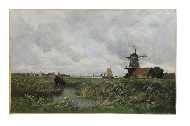 bORDS DE LA mEUSE AUX ENVIRONS DE dORDRECHT (titre ANCIEN) ; la Meuse devant Dordrecht, Edmond Charles Joseph Yon, 19e siècle