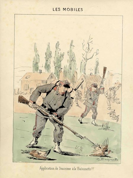 Croquis sur la Mobile de l’Oise : Application de l'escrime à la Baïonenette !!, Henri Brispot, 1871 vers