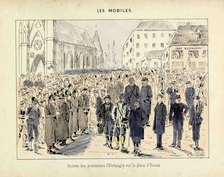 Croquis sur la Mobile de l’Oise : Arrivée des prisonniers d'Etrépagny sur la place d'Ecouis, Henri Brispot, 1871 vers
