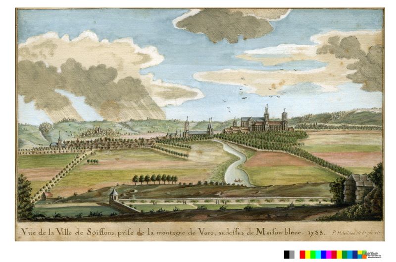 Vue de la Ville de Soissons prise de la montagne de Voro, au-dessus de Maison-bleue (vue nord), H. P., 1788