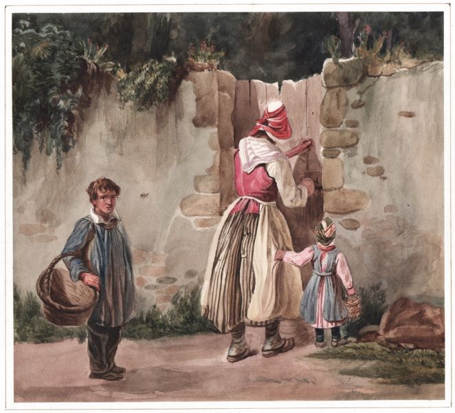 Femme de dos en costume paysan accompagnée de deux enfants, Léopold Baraquin, 1830 vers