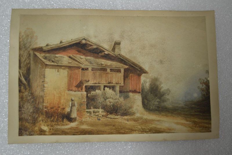 Vue d'une maison de montagne avec une femme de dos, Léopold Baraquin, 19e siècle
