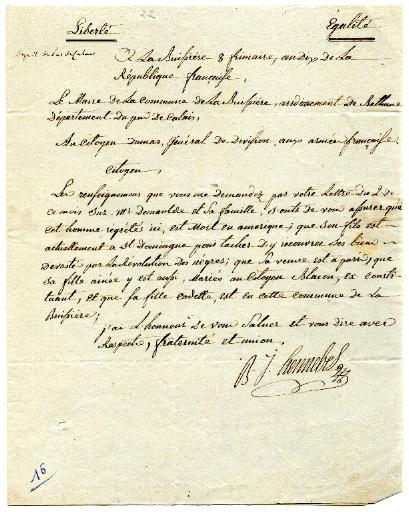 Lettre d'Hennebel, maire de la commune de la Buissière au général Dumas, le 8 Frimaire an X (29 novembre 1801)_0