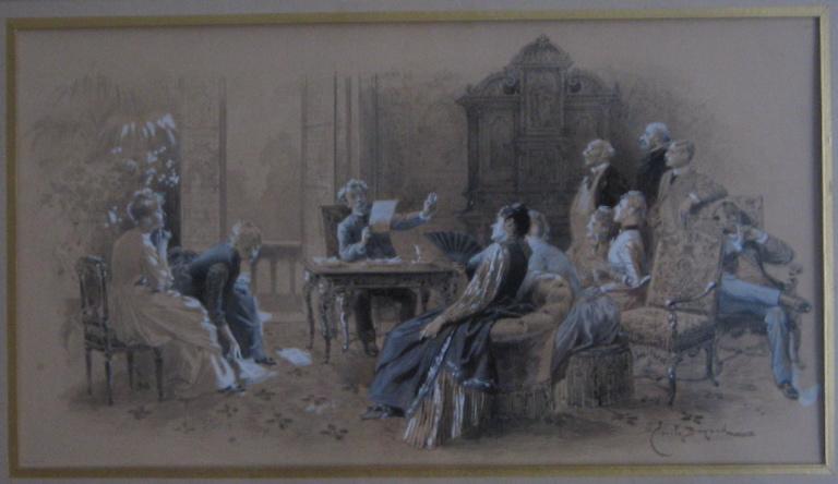Alexandre Dumas fils faisant la lecture d'une de ses pièces dans un salon, Emile Antoine Bayard, 2e moitié 19e siècle