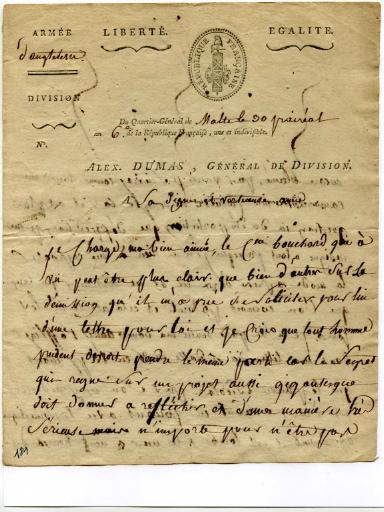 Lettre du Général Dumas à sa femme, Malte le 30 prairéal an 6 (18 juin 1798)_0