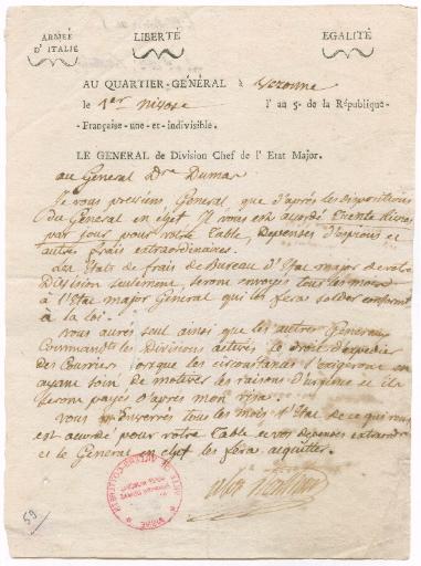 Lettre du Général divisionnaire Louis Alexandre Berthier au Général Dumas, Vérone le 1er nivôse de l'an 5 (21 décembre 1796)_0