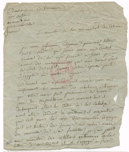 Lettre de Marc-Antoine Bourdon de Vatry, Ministre de la Marine et des Colonies, le 13 brumaire 4 novembre 1799 à Marie-Louise Dumas_0