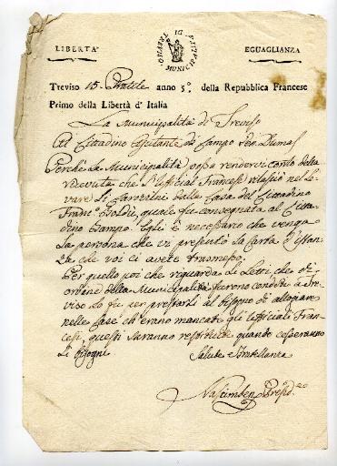Lettre de Trévise en date du 15 pratile (prairial) an 5 de la République Française (3 juin 1797)_0
