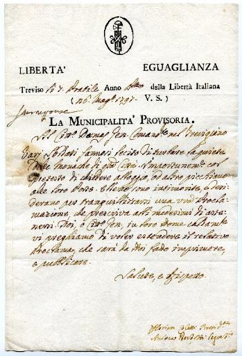 Lettre de la municipalité de Trévise en date du 7 prairial anno 1 della Liberta Italiana (26 mai 1797)_0