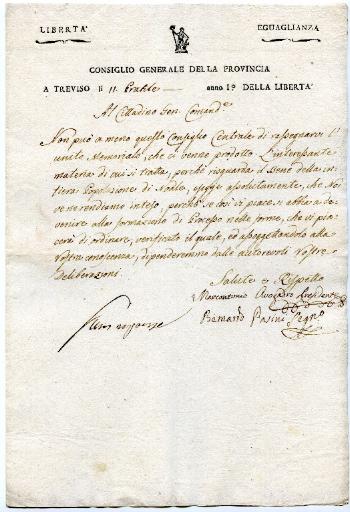 Lettre de la province de Trévise en date du 11 pratile anno 1 della Liberta (30 mai 1797)_0