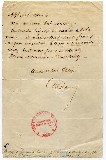 Lettre d'Alexandre Dumas à propos du contrat de mariage de sa fille_0
