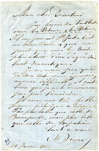 Lettre d'Alexandre Dumas au directeur du théâtre du Châtelet en 1869_0