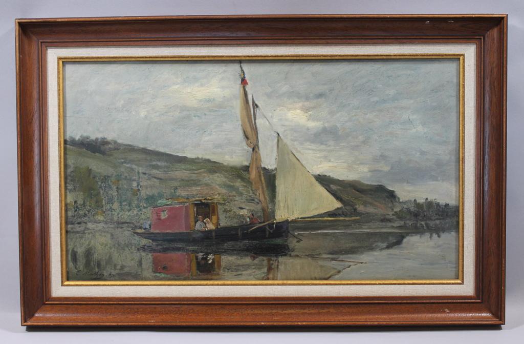 Le bateau Union au mouillage près Creil (Oise) à Laversine (titre factice), Emile Louis Mathon, 1874 achevée en
